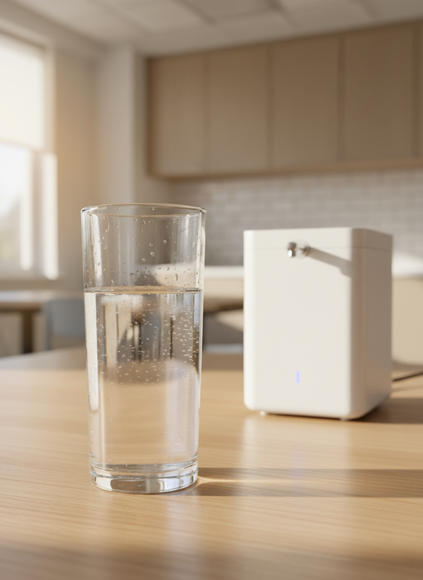 A close-up of a tall, crystal-clear glass of water filled to the brim, tiny droplets of condensation forming on its smooth surface, placed on a light oak table beside a compact, white countertop water filtration unit with a minimalist design. In the background, a softly blurred view of a bright kitchen or small office break area with neutral tones suggests a shared space. Late morning natural light streams in from the side, creating subtle highlights and soft shadows that emphasize clarity and cleanliness. Photographic realism with shallow depth of field, centered rule-of-thirds composition. The mood is refreshing, health-focused, and professional, showcasing the benefits of clean, filtered water for everyday use.