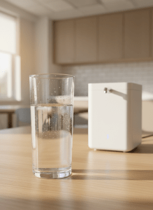 A close-up of a tall, crystal-clear glass of water filled to the brim, tiny droplets of condensation forming on its smooth surface, placed on a light oak table beside a compact, white countertop water filtration unit with a minimalist design. In the background, a softly blurred view of a bright kitchen or small office break area with neutral tones suggests a shared space. Late morning natural light streams in from the side, creating subtle highlights and soft shadows that emphasize clarity and cleanliness. Photographic realism with shallow depth of field, centered rule-of-thirds composition. The mood is refreshing, health-focused, and professional, showcasing the benefits of clean, filtered water for everyday use.