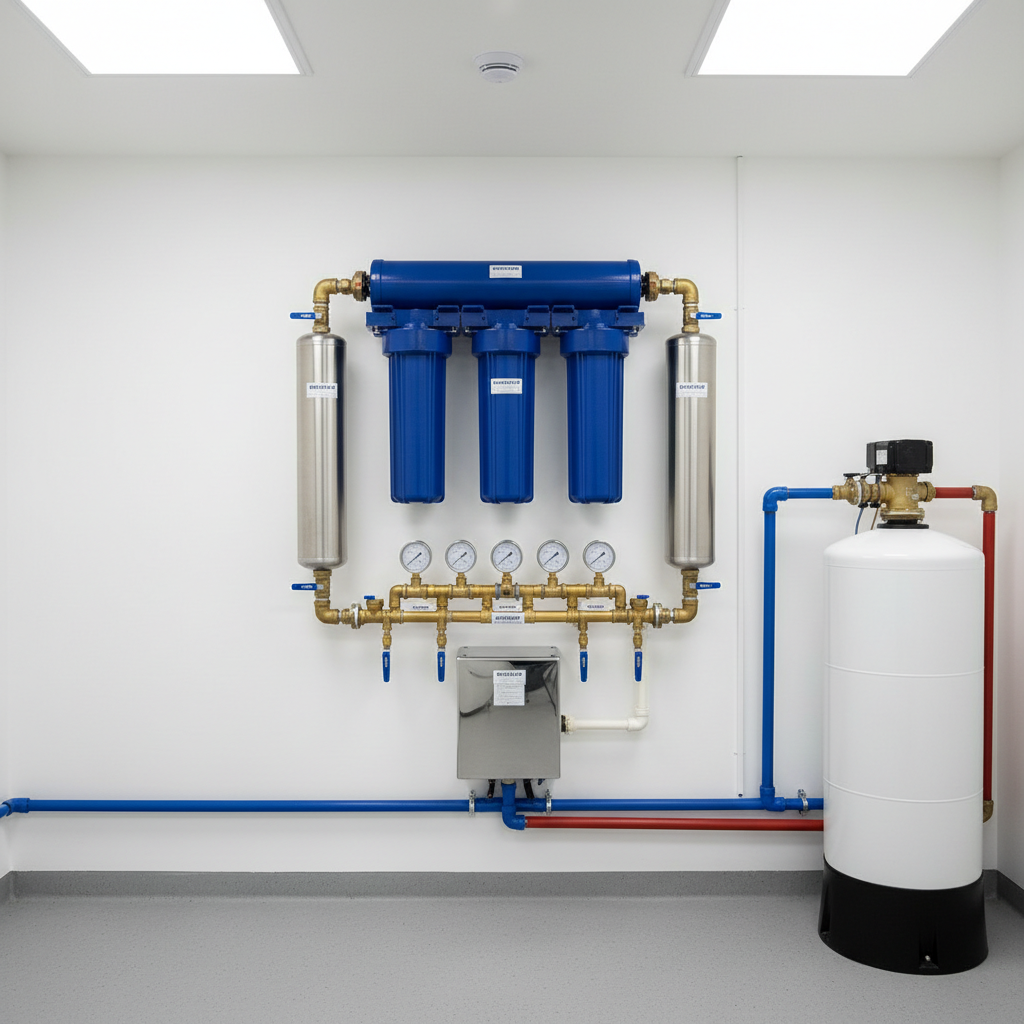 A meticulously organized commercial water filtration setup mounted on a clean white utility room wall, featuring multiple large blue and stainless steel filter housings, a reverse osmosis membrane unit, pressure gauges, and labeled valves. Thick, color-coded piping runs neatly along the wall into a large, insulated storage tank on the floor. Overhead LED panel lighting casts even, bright illumination, highlighting the precision and quality of the installation. Photographic realism from a slightly wide, eye-level angle, capturing the full system in sharp detail with deep focus. The mood is technical, professional, and trustworthy, ideal for showcasing water treatment solutions for businesses, restaurants, or light industrial applications.
