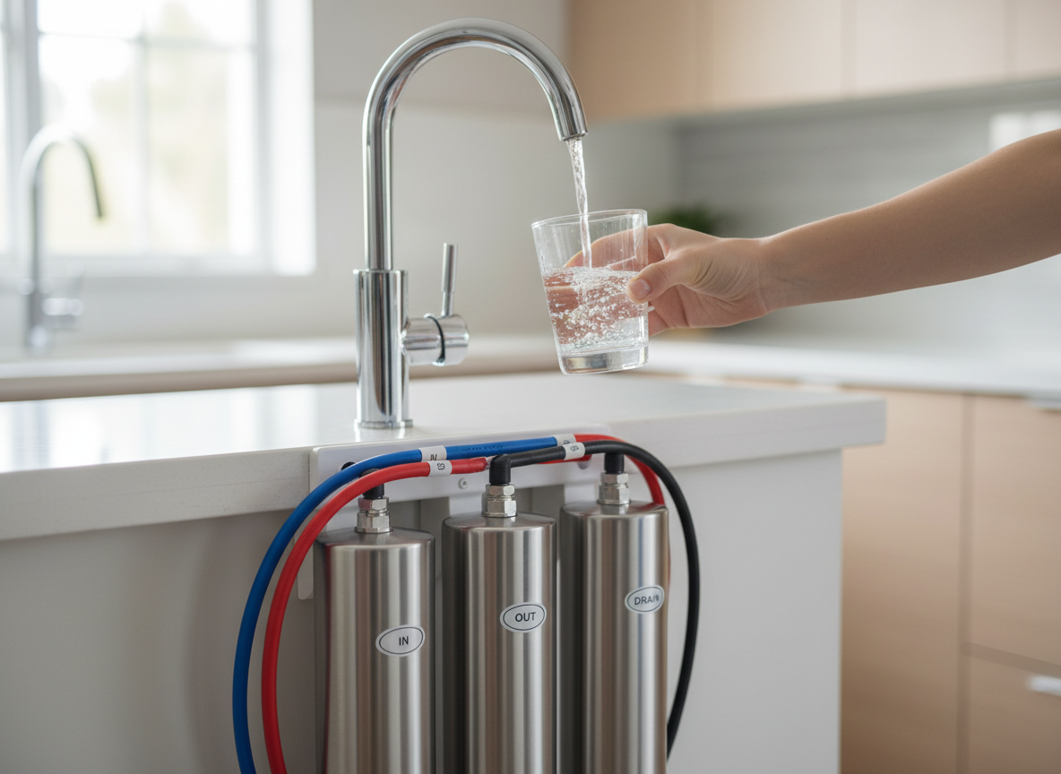 A sleek, under-sink reverse osmosis system with brushed stainless steel canisters and neatly labeled high-pressure tubing, installed beneath a modern white quartz kitchen countertop. Above, a dedicated chrome drinking water faucet dispenses a clear stream into a transparent glass, tiny bubbles catching the soft daylight. The background shows a subtly blurred, clean kitchen with light wood cabinetry. Photographic realism, eye-level composition with a slightly elevated angle revealing both the filtration unit and faucet. Soft, natural window light creates crisp reflections on metal surfaces and gentle shadows, conveying purity, reliability, and professionalism. The atmosphere is calm and reassuring, emphasizing high-end home water purification for families and businesses alike.